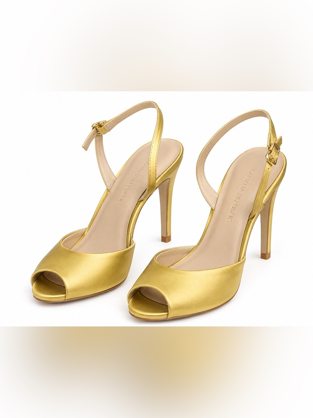 Banana Republic Women’s Gold Satin Peep Toe Slingback Heels. Size: US 7.5